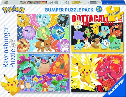Ravensburger - Puzzle de 5 anos Pokémon | Puzzles 5 anos ou mais com 4 de 100 peças, quebra-cabeças para crianças com peças 400 | Presentes para crianças de Pokemon com tecnologia Soft-Click