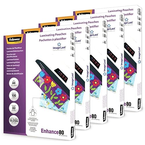 Fellowes 5306127-5 Packs de 100 capas de plastificar (500 capas no total), brilho, formato A4, 160 mícrons, acabamento de alta qualidade, ideal para fotos e avisos informativos