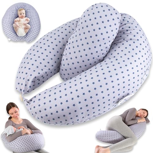 Chilling Home Almofada para gravidez 2 em 1 XXL, almofada de amamentação para dormir para bebé, almofada de gravidez com almofada interior e fronha de algodão, almofada de gravidez (azul)