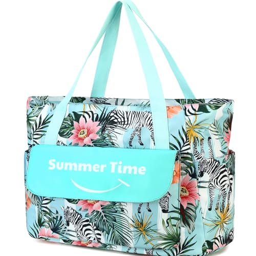 Myhozee Borsa Mare Grande xxl Famiglia, Borsa da Spiaggia Donna, com chiusura lampo, borsa estiva da spiaggia, impermeável, per piscina, gite in spiaggia piquenique viaggi Foglia verde, Zebra, XXL