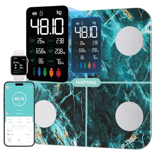 Balança de gordura corporal para pessoas com gordura corporal e massa muscular, 15 dados corporais com análise de gordura corporal, balança inteligente com aplicação, tela grande, cor verde mármore