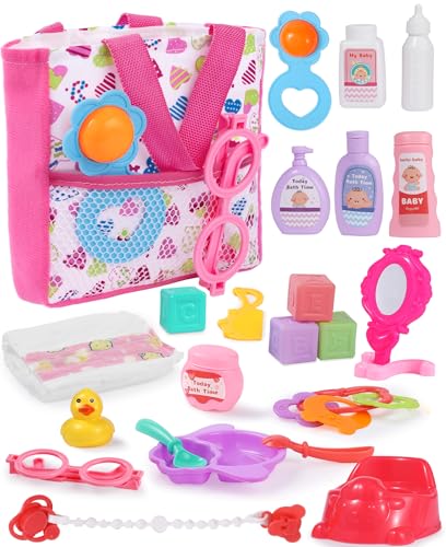 GAGAKU Conjunto de acessórios para bonecas de bebé, conjunto de alimentação e cuidados para bonecas de bebé, inclui saco de fraldas, fraldas para bonecas, dramatização, chuveiros, comida e muito mais,