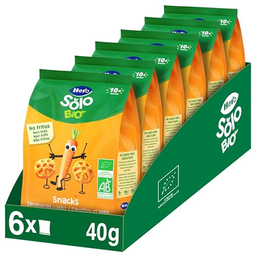 Hero Solo - Snack de cenoura e milho, cereais 100% ecológicos, BIO, com ingredientes de agricultura ecológica e UE, não fritos, adequado para bebés a partir de 10 meses - embalagem de 6 x 40 g