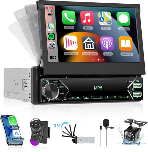 1 DIN Rádio de carro CarPlay sem fios e Android Auto, Hodozzy ecrã tátil dobrável de 7 polegadas Bluetooth 1 DIN com SWC Mirror Link FM rádio USB-C EQ cor retroiluminação ajuste câmara