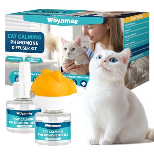 Woyamay Difusor de feromonas para gatos, feromonas para gatos, kit calmante 3 em 1, com 1 difusor e 2 frascos de substituição (48 ml) para aliviar a ansiedade e relaxamento, até 60 dias, feromonas