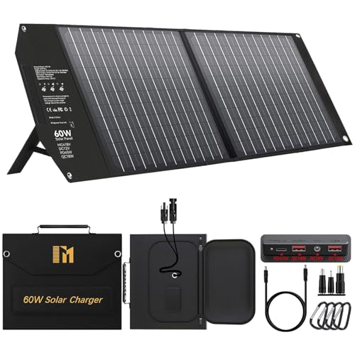 Mesuvida 60 W Placa solar portátil com 5 portas, 18 V MC4 maior saída/18 V DC/QC 3,0 USB-A e USB-C (PD 45 W), painel solar com suportes para estação de energia, computador portátil