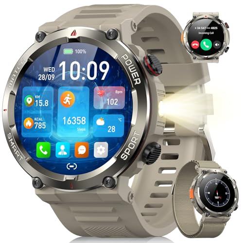 Blackview Relógio inteligente homem com lanterna e bússola, 1,45" Smartwatch com chamadas Bluetooth, pulsómetro, oxímetro de sono, podómetro, 100 modos desportivos, bateria grande de 960 mAh