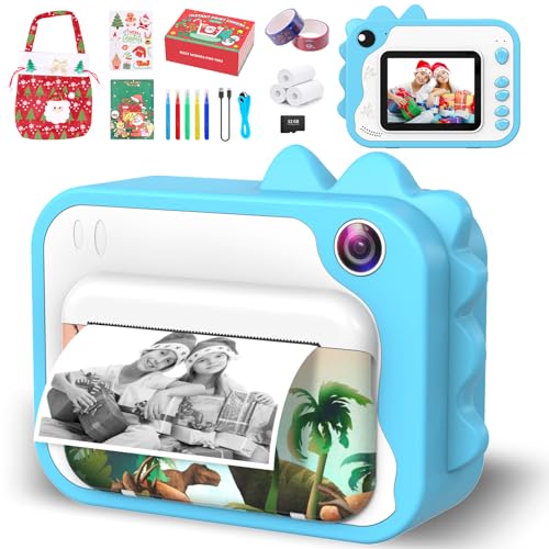 Ushining Câmara fotos infantis instantâneas, 1080 P câmara instantânea crianças com ecrã de 2,4 polegadas papel de impressão cartão TF de 32 GB bolsa, presentes para crianças, azul