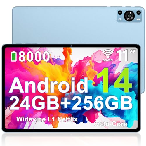 ZIOVO Tablet Android de 11 polegadas, 24 GB RAM + 256 GB ROM (TF 1TB), Octa-Core 2,0 GHz, 5G WiF Tablet, Widevine L1/8000 mAh/13 + 5 MP/GPS/BT5.0/corpo metálico, Tablet tablet com função Da - Azul