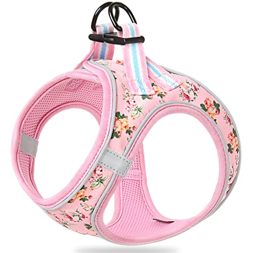 HEELE Arnês tipo colete para cão Vest Air Mesh com belo estampado pequeno ajustável suave confortável refletor, floral rosa, 2XS
