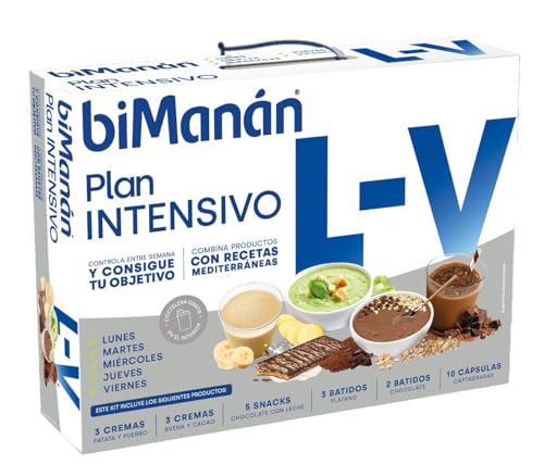 biManán - Plano intensivo de segunda a sexta-feira, substitutivos para controlo de peso, inclui batidos, cremes, barras, cápsulas captador e uma coqueteleira, com vitaminas e minerais
