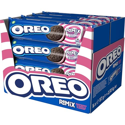Oreo Remix Bolachas de cacau recheadas com creme sabor framboesas e baunilha 157 g, pack de 16