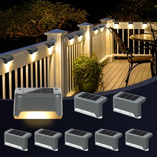 GIGALUMI Luzes solares para exteriores pack de 8, luzes para escadas, impermeáveis, iluminação LED para escadas exteriores, degraus, cercas, pátios, terraços, cinzento, branco quente