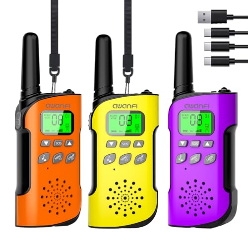 AWANFI Walkie Talkie para crianças, Walkie Talkie recarregável com bateria de iões de lítio, 3 KM de longo alcance, walkie-talkies para acampar aventuras, presentes para crianças dos 3 aos 12 anos, 3