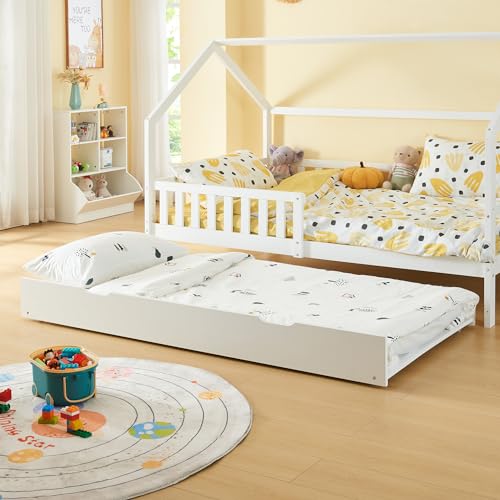 [en.casa] Cama extra com Sommier para quarto de criança, cama removível gaveta com rodas para mantas roupa guardar debaixo da cama principal pinheiro MDF 197 x 94 x 22 cm - branco