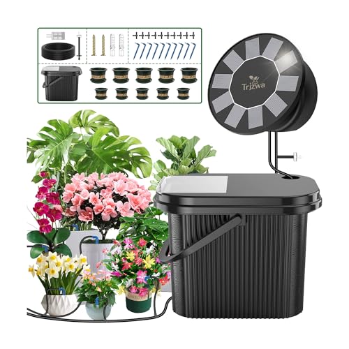 TRJZWA Sistema de rega solar para jardim, kit solar de irrigação por gotejamento automático com 9 programas de rega, baldes e vasos, para jardim/plantas de varanda/plantas em vasos ao ar livre