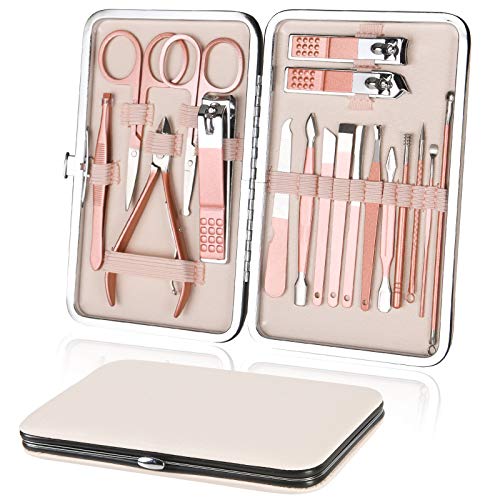 URAQT Manicure Pedicure Set, 18 peças corta-unhas, tesouras de unhas com ferramentas remover a utícula, aço inoxidável, para viagens e casa, com caixa de couro