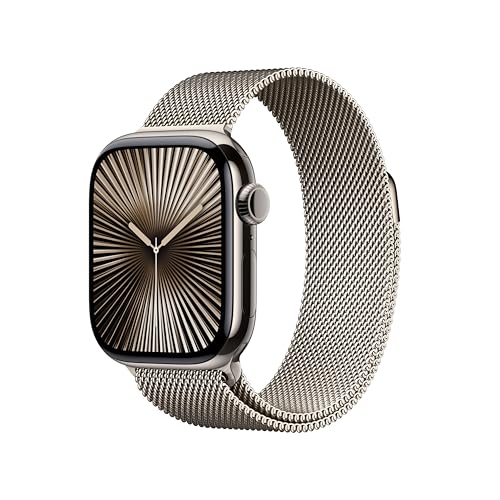 Apple Watch Series 10 GPS Cellular Smartwatch com caixa de titânio natural de 42 mm e pulseira Milanese Loop natural - tamanho único. Monitor de treino, App ECG e neutro em carbono