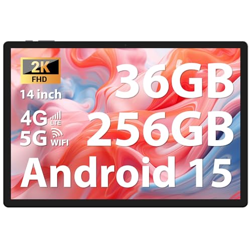 FASTWD Tablet de 14 polegadas Android 15 120Hz 2K Tablet com duplo SIM 4G LTE+5G WiFi, Octa-Core, 36 GB RAM + 256 GB RAM (TF 1TB), 11580 mAh/20 W/GPS/BT5/13 MP+8 MP+8 /OTG, G/E/GG aming Tablet, preto