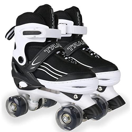 Patins para meninas, meninos e adolescentes, patins ajustáveis em 4 tamanhos com rodas luminosas para iniciantes, patins desportivos Quad branco e preto, pequeno