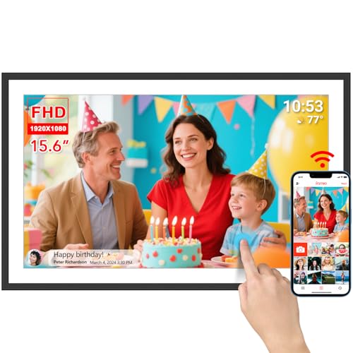 Frameo - Moldura digital de 15,6 polegadas, extra grande, Wi-Fi, moldura de fotos digital com ecrã táctil IPS de 32 GB, 1920 x 1080 IPS, ecrã táctil HD e montagem na parede, partilhar fotos e
