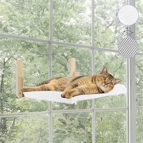 KAIMERCE Rede de gato para janela, cama de gato de madeira dobrável com manta reversível, inverno/verão, rede de gatos, janela com 4 ventos, para cama de janela para gatos, confortável e duradoura