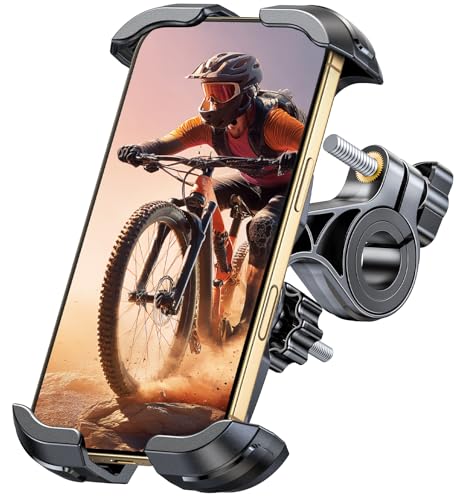 Glangeh Suporte móvel de bicicleta, [braçadeira reforçada] suporte móvel para mota com bloqueio seguro, suporte universal para telemóvel mota rotativo 360° compatível com iPhone 16 Pro/15/S25 Ultra