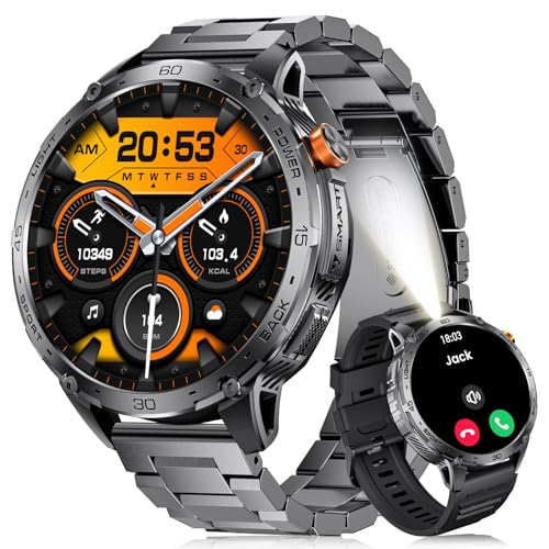 LIGE Relógio inteligente homem com lanterna, 1,75" AMOLED militar Smartwatch com chamadas Bluetooth, 730 mAh bateria grande, 110 modos desportivos pulseira atividade, 24/7 pulso / sonho para Android