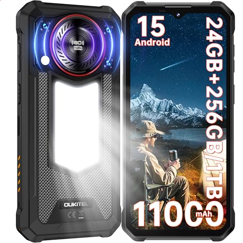 OUKITEL WP53 Pro telemóvel inquebrável Android 15-24 GB + 256 GB (1TB TF) telemóvel rugerizado com luz de campismo, bateria 11000 mAh, altifalante de 128 dB, 6,52 '' HD+, 50 MP+8 MP, Face ID, dupla 4