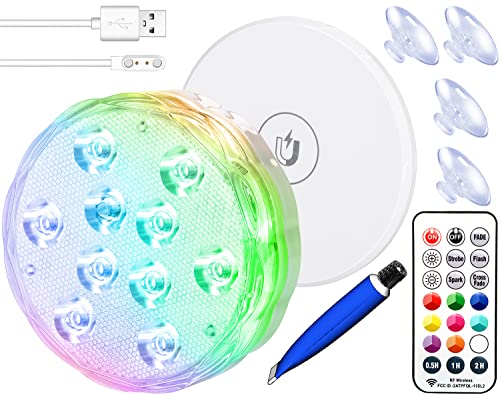 Qoolife Luzes subaquáticas recarregáveis - 3,3 polegadas USB magnético impermeável piscina luzes noturnas com controlo remoto RGB mudança submergível luzes LED para festa vaso Natal aquário tina