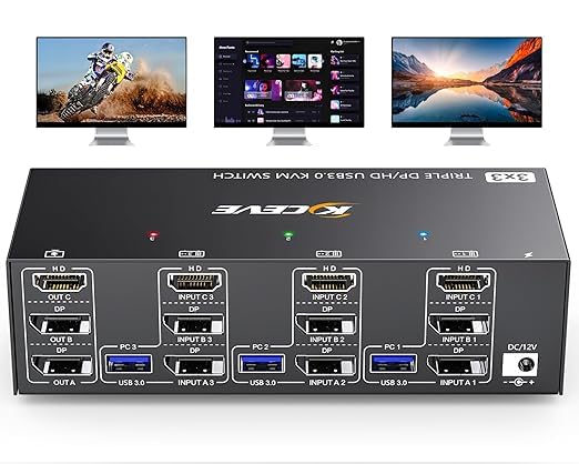 KVM Switch 3 Monitores 3 PC 8 K @ 60 Hz, 4 K@144 Hz, HDMI Displayport Triple Monitor KVM Switch, 3 Monitor de interruptor KVM com 4 portas USB 3.0 para teclado e rato, controlo remoto e adaptador DC