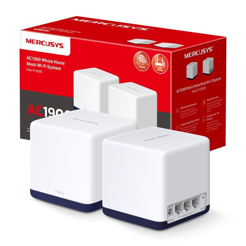 Mercusys Halo H1900G (pacote de 2), AC1900 Mesh Wi-Fi, banda dupla, cobertura até 350 m², 3 × Gigabit porta por unidade, MU-MIMO, Beamforming, controlo parental, Smart Connect