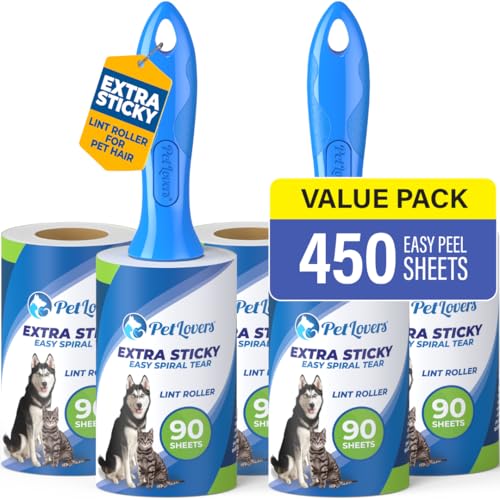 PetLovers Rolo extra de pelúcia autocolante conjunto de megavalor 450 folhas para depilação de animais de estimação removedor de peloteiros para cães e gatos pacote de 5