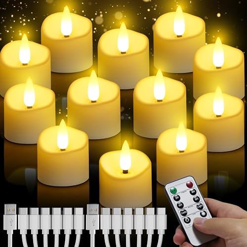 Velas LED recarregáveis com controlo remoto de 12 peças, velas de chá sem chama com função de temporizador automático, velas a pilhas para casamentos, festas, Halloween, Natal, decoração de casa
