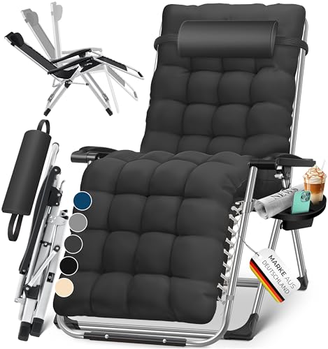 KESSER® Espreguiçadeira dobrável e resistente | cadeira de jardim, capacidade de 200 kg, acolchoado ergonómico extra largo, encosto ajustável, almofada para pescoço e suporte para copos
