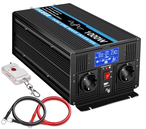 JIGUUN 1000 W Inversor 12 V 220 V onda pura Inverter com carregador de 30 A e circuito prioritário de rede e SAI, 2 tomadas UE, controlo remoto sem fios e ecrã LCD de potência de pico de 2000 W