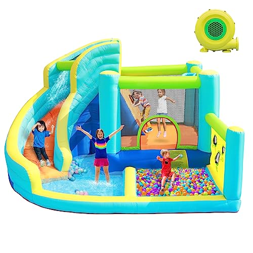 FBSPORT Castelo insuflável aquático com escorrega seco/quático, trampolim, parede de escalada e piscina infantil, castelo insuflável grande para crianças para jardim exterior e interior, 360 x 340 x