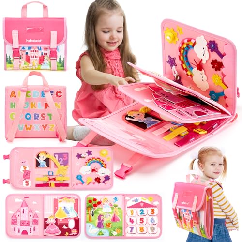 hahaland Busy Board brinquedos para meninas 2 3 anos - 4 camadas placa Montessori Busy Board de atividades, brinquedos educativos Montessori para meninas 1 2 3 anos