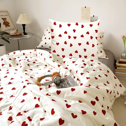 Tutamaz Conjunto de roupa de cama de 135 x 200 cm, branco com corações vermelhos, capa de edredão de microfibra para meninas, cor vermelha e branca, design de corações, com fecho de correr e fronha de