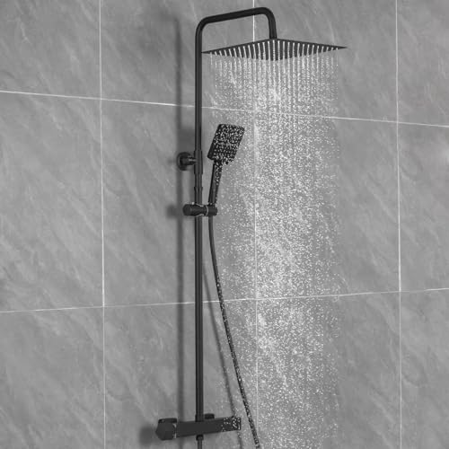 Auralum Coluna duche termostática preta conjunto completo, aço inoxidável 30 cm chuva de chuveiro, barra regulável 88 - 124 cm, 6 modos de jato de chuveiro à mão