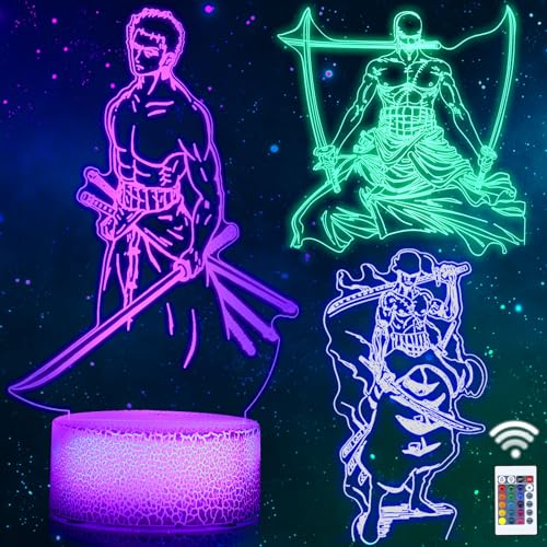 QQAAMZ One Piec Roronoa Zoro Candeeiro 3D luz noturna 16 cores controlo remoto Touch Led Luffy candeeiro decorativo para quarto de crianças Zoro Anime Gadget Gift natalícios, candeeiro de aniversário