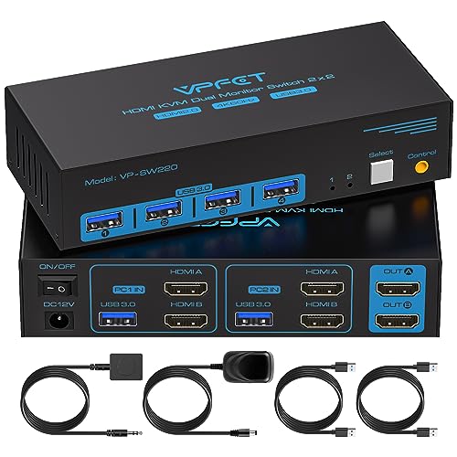 USB 3.0 HDMI KVM Switch 2 monitores 4K60Hz para dois computadores que compartilham monitor duplo e quatro dispositivos USB comutador KVM com controlador de extensão externa e adaptador de corrente