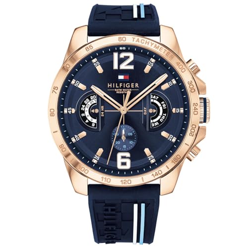 Tommy Hilfiger Relógio analógico multifuncional de quartzo para homens com correia de silicone, aço inoxidável ou couro, subesferas para dia e data, resistente à água até 5ATM.