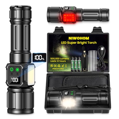 NIWOHOM Lanternas LED de alta potência, lanterna LED recarregável 50000 lúmenes potente, lanterna tática policial IPX67 impermeável 9 modos portátil lanternas para emergência campismo caminhadas