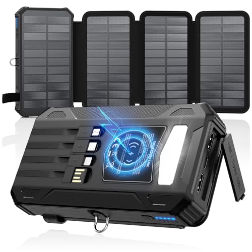 SOARAISE Carregador solar Power Bank - Carregador solar sem fios 27000 mAh com 4 painéis solares e 4 cabos - PD QC 3.0 15 W carregamento rápido bateria externa USB C Input & Output para tablets