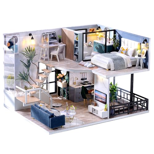 Fsolis DIY Dollhouse, kit casa de bonecas em miniatura de bricolage com móveis, casa em miniatura de madeira 3D com cobertura anti-pó e movimento musical, presente criativo de casas para bonecas