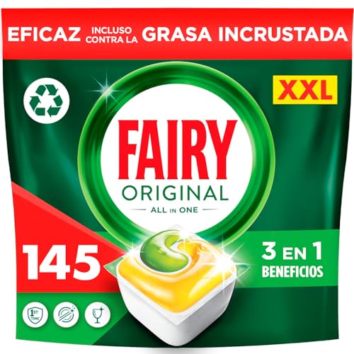 Fairy Tudo em uma cápsulas originais de máquina de lavar louça, limão, 5 x 29 cápsulas, eficazes mesmo na gordura seca, a embalagem pode variar