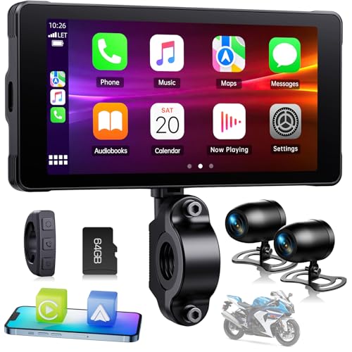 Volam Carplay Android Auto para moto, ecrã para moto 2K + 1080P dashcam dianteiro traseiro, Carplay sem fios para motociclos, com 5,5 polegadas, ecrã tátil, navegação GPS, Siri/G00gle, App, TF 64 GB
