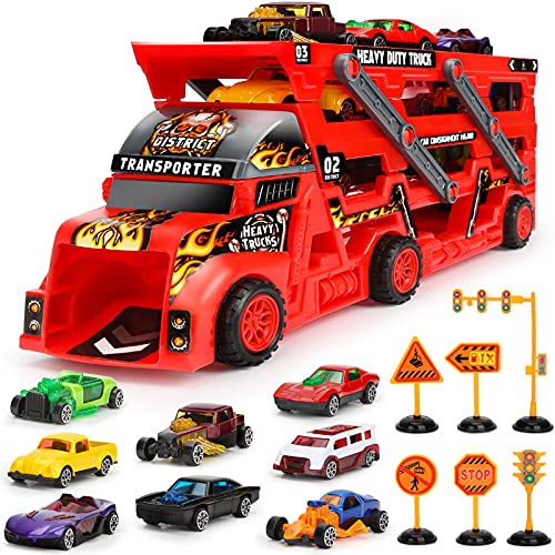 Aoskie Camião transportador de carros com 8 carros pequenos, brinquedos de carro presente para crianças 3 4 5 anos