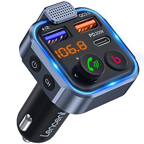 LENCENT Transmissor FM Bluetooth 5.3, mãos livres leitor música carro, Deep Bass som Hi-Fi, adaptador de rádio Bluetooth 2 USB Tipo C 20 W carregamento rápido, suporte memória USB